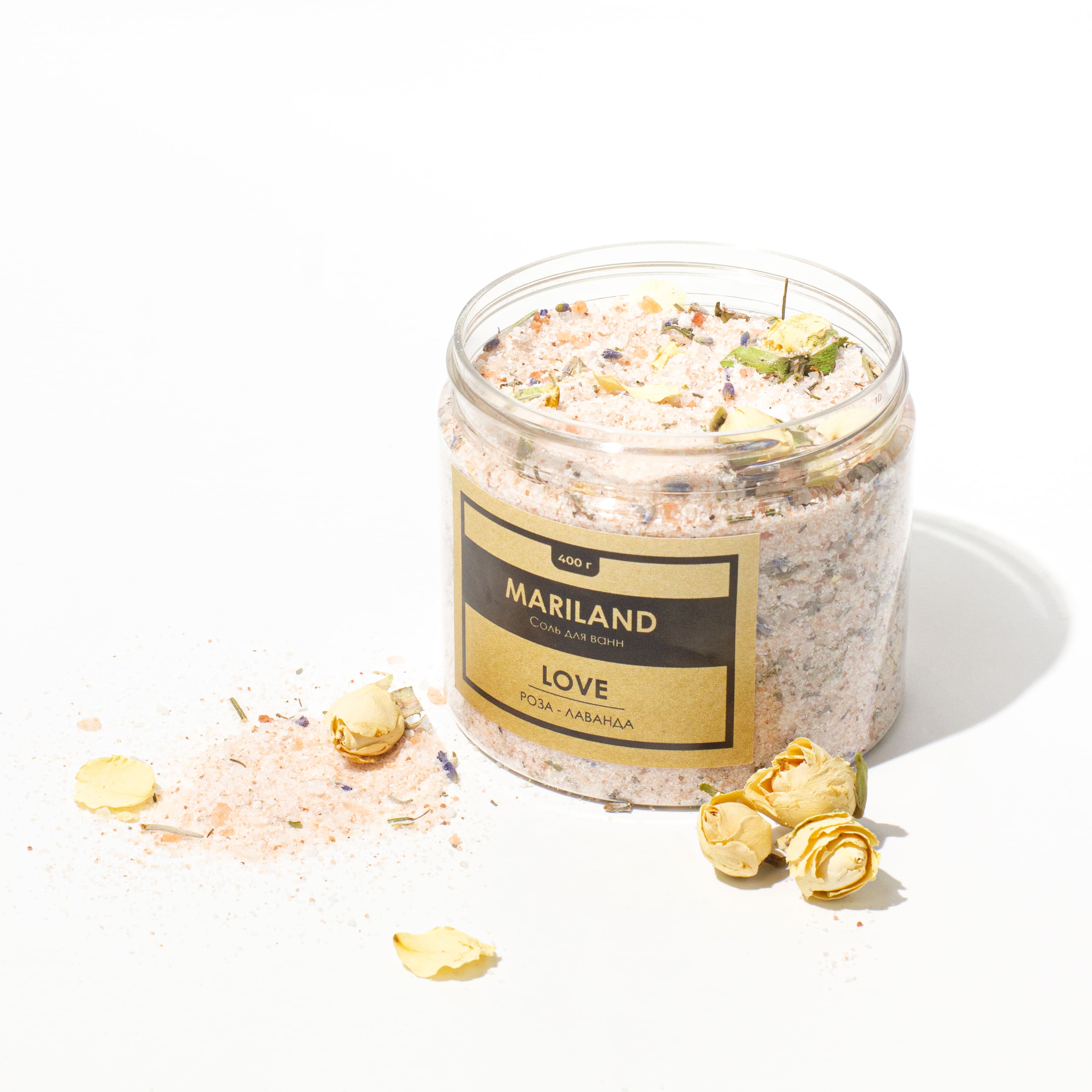 Расслабляющая соль для ванн с цветками лаванды и чайной розы | MARILAND Love Sea Salt 400 г